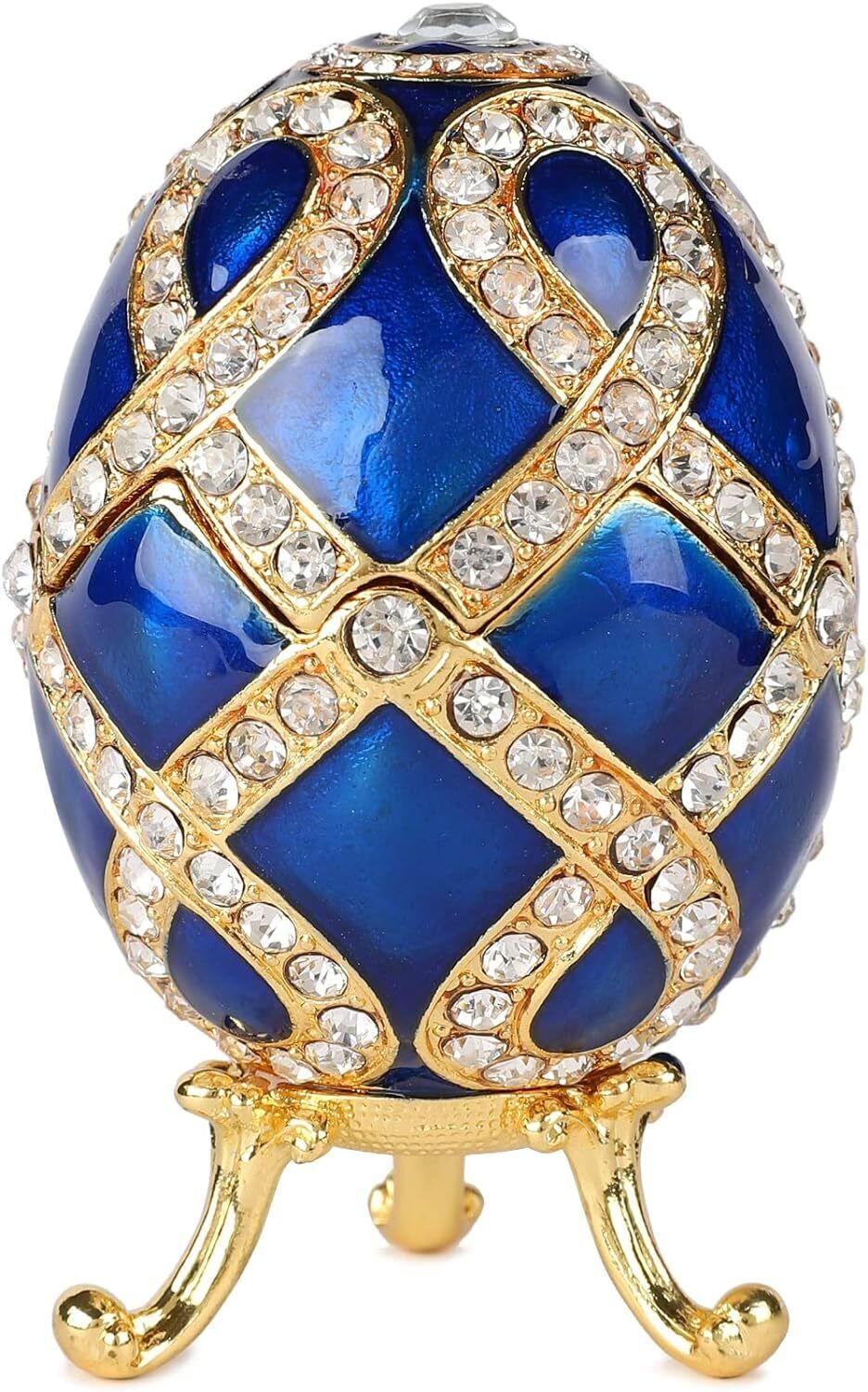 Bejeweled Blue  Faberge Egg Hinged Metal Enameled Crystal Trinket box Classic