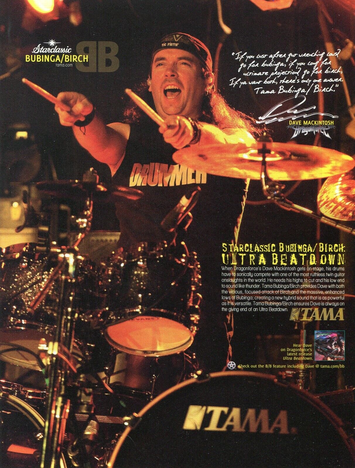 2009 Print Ad Tama Drums Starclassic Bubinga Birch w Dave Mackintosh Dragonforce
