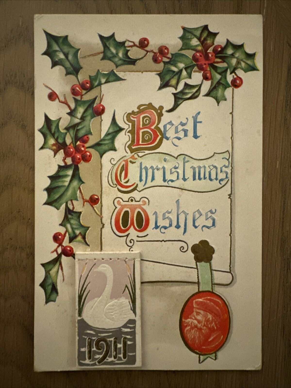 Postcard Calendar 1911 Best Christmas Wishes Holly Berries Antique Posted BB