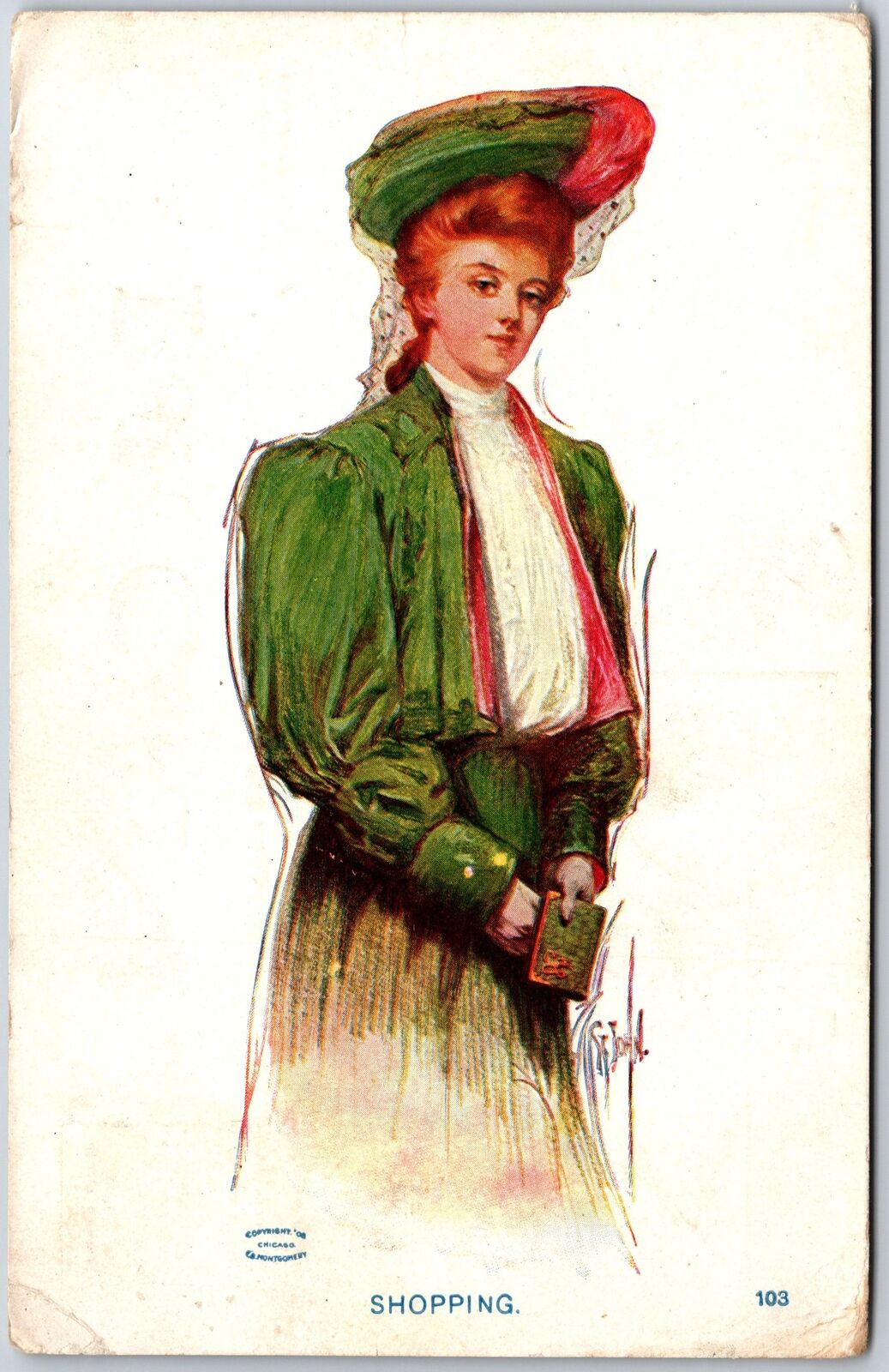 1909 Shopping Girl Artist Signed Chicago Girl Green Dress Suit Posted Postcard