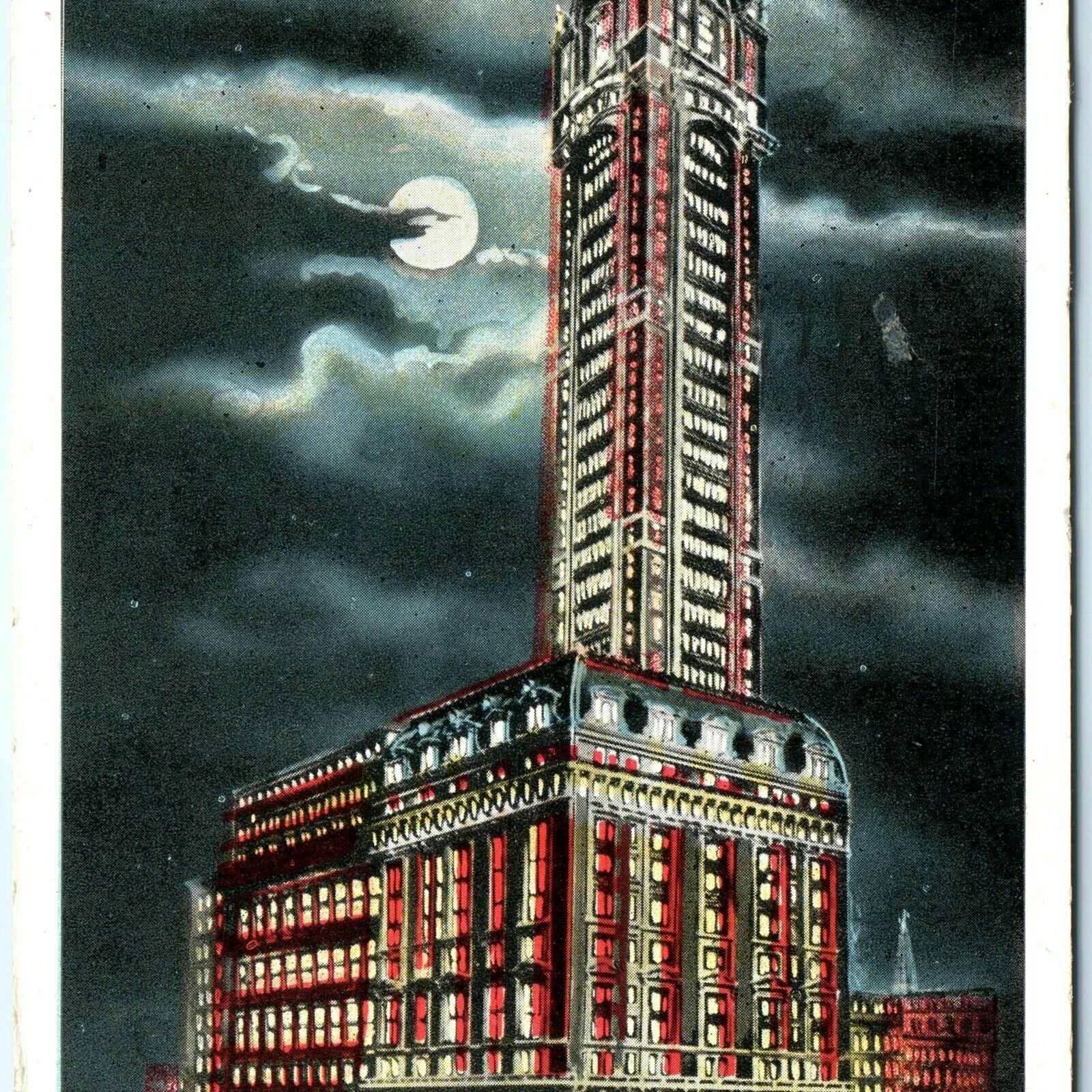 c1910s New York City @ Night Singer Building Litho Photo Postcard Cars Moon A33