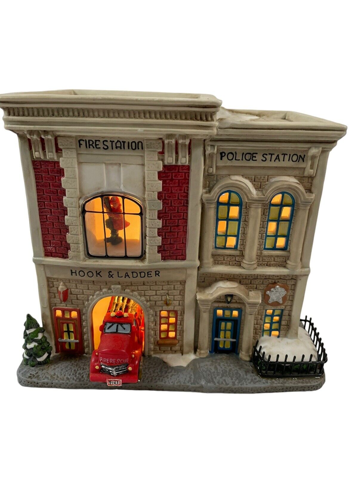 2005 Holiday Time Lighted Fire& PoliceS Station Christmas Village Collectible