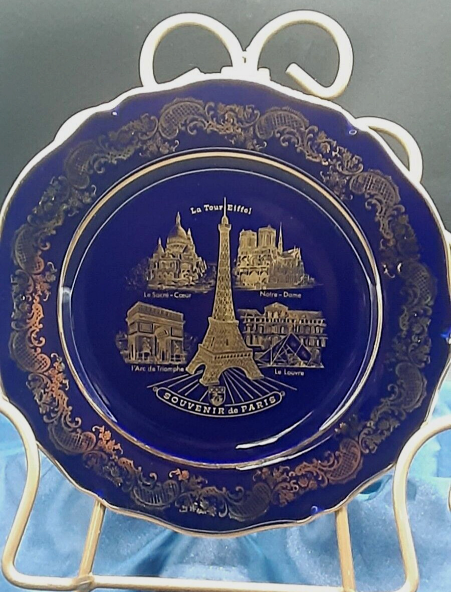 Imperial Limoges Paris Souvenir Plate Blue REAL Gold Porcelaine France Porcelian