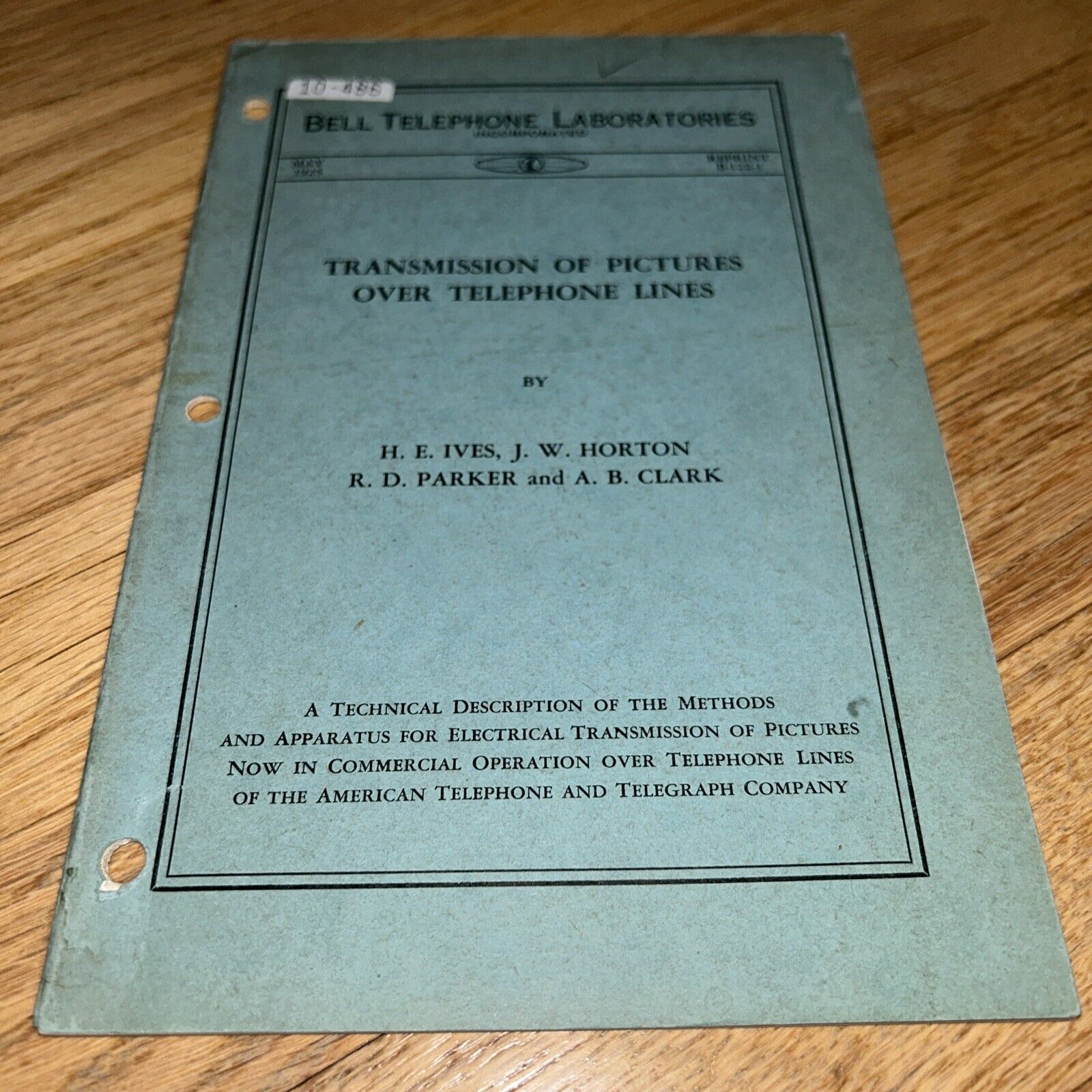 1925 TRANSMISSION OF PICTURES OVER TELEPHONE LINES BELL TELEPHONE LAB