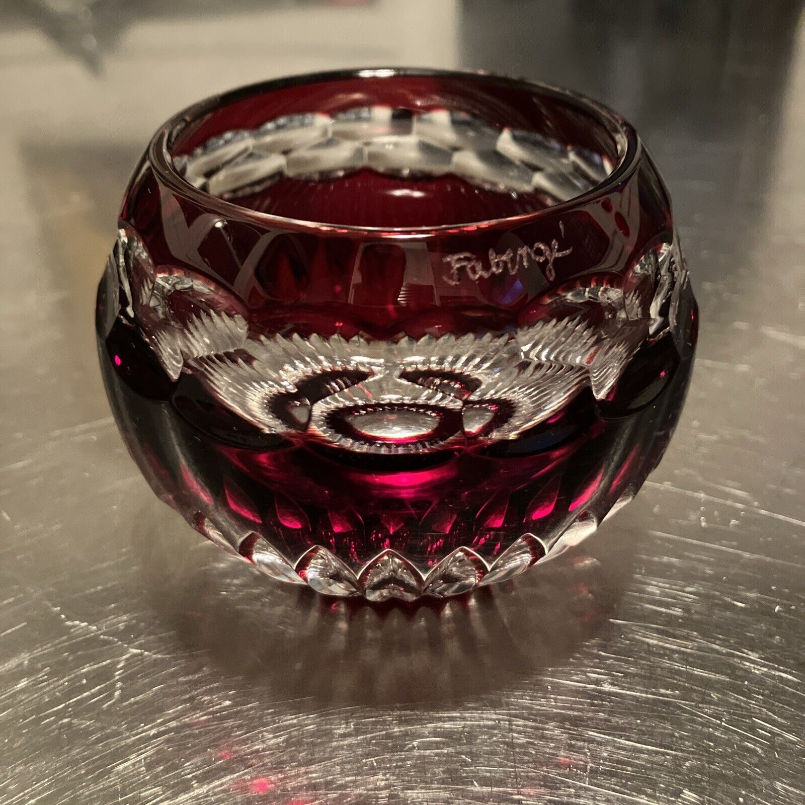 FABERGE Signed NADYA  RUBY  RED Cut to Clear Crystal Candle Holder Votive E/C