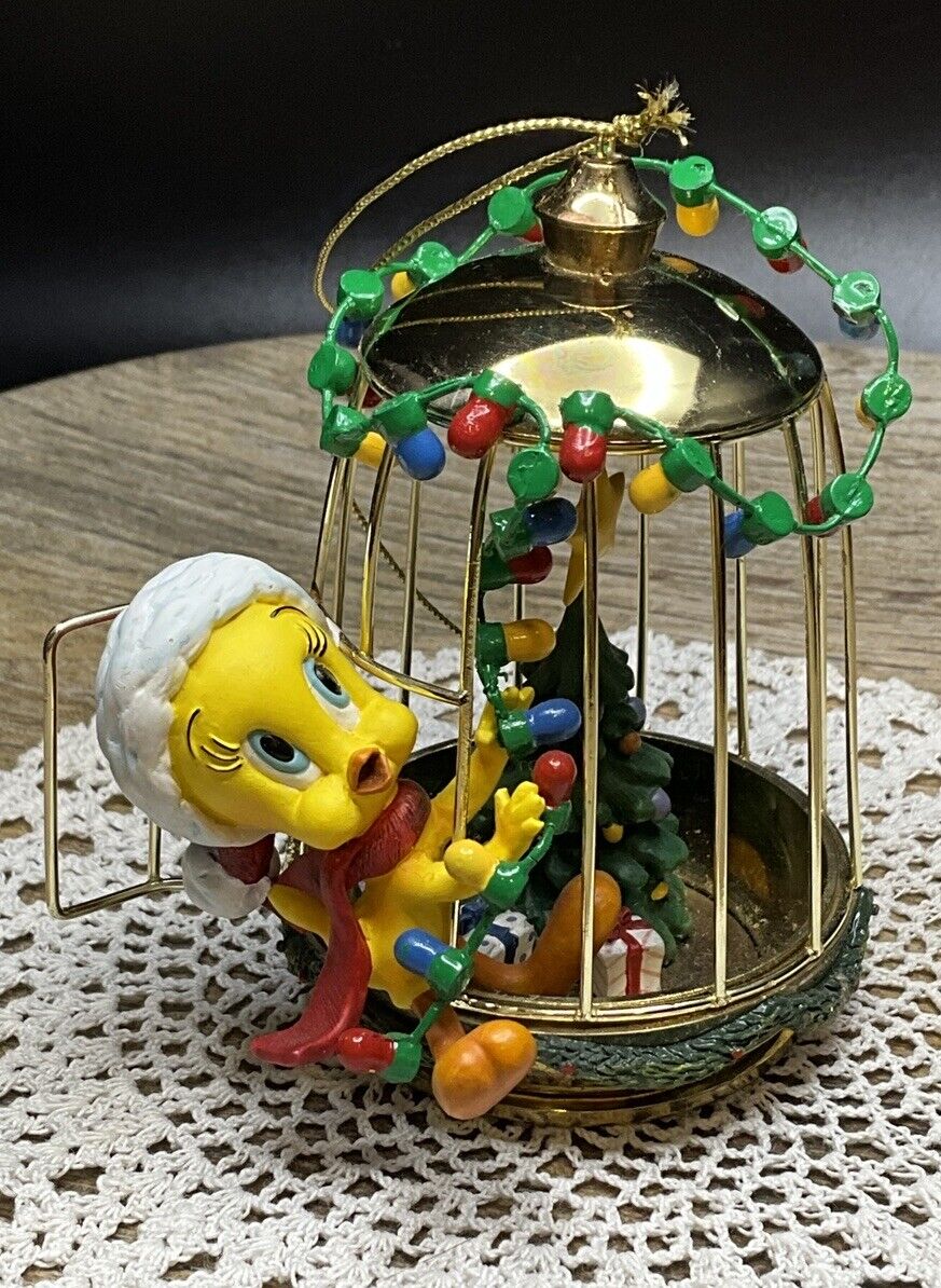 Bradford Editions Santa Tweety Bird Brass Cage Ornament- Christmas Lights- 3.5”