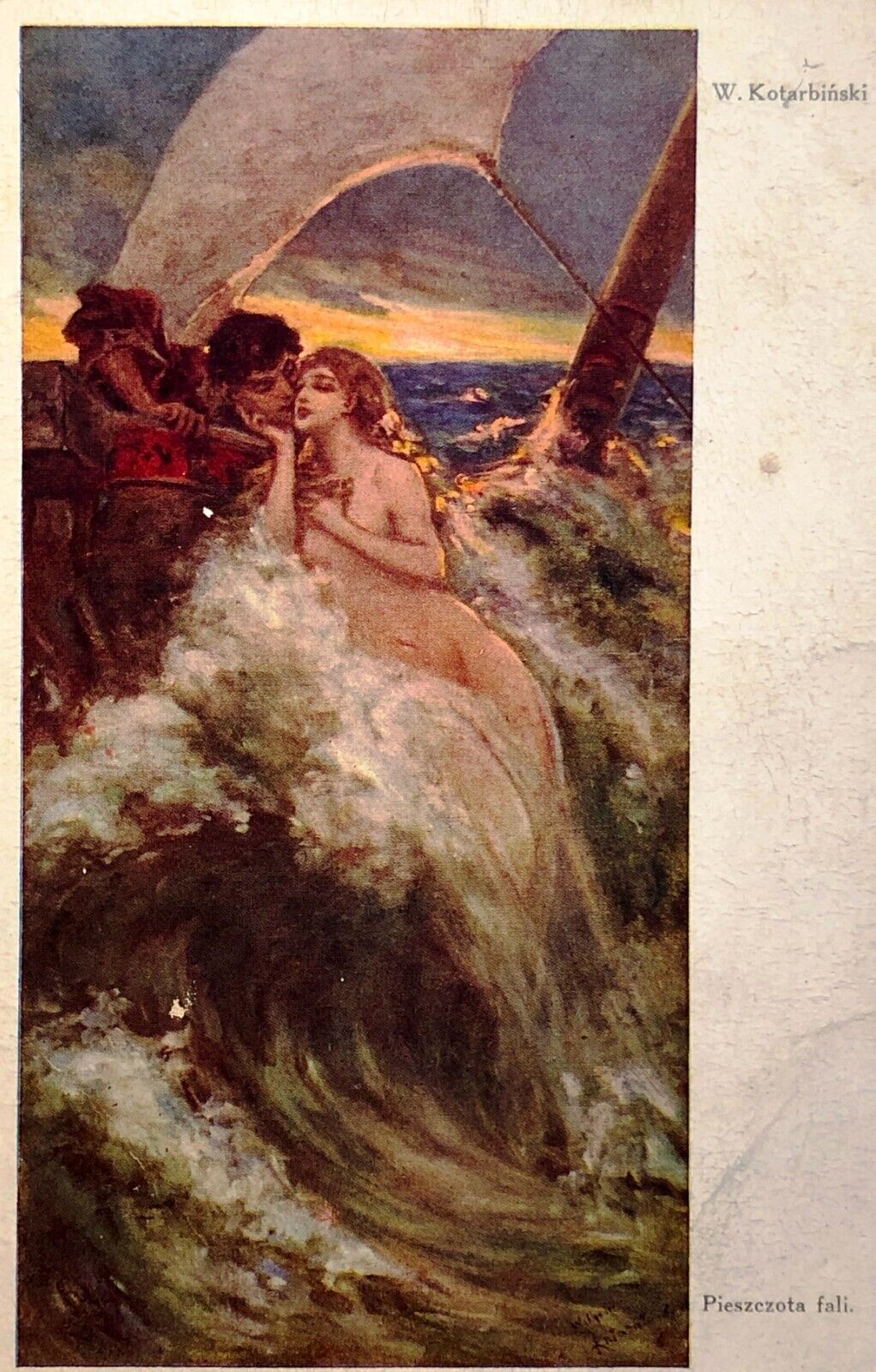 1900s RARE Kotarbinsky Gothic Art Storm Sailor Mermaid Kiss ANTIQUE POSTCARD