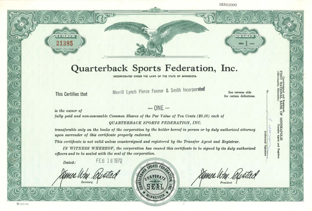 Quarterback Sports Federation, Inc. - 1970\'s Sports Stock Certificate and Transf