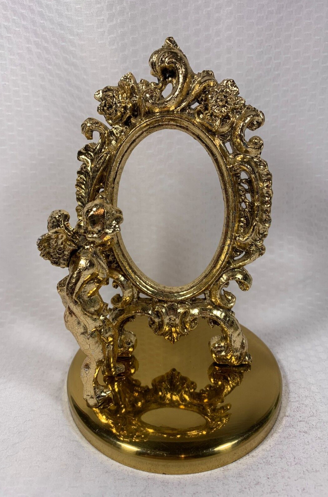 Vintage Ornate Gold Tone Cherub Sculpture Free Standing  Mirror/Picture Frame