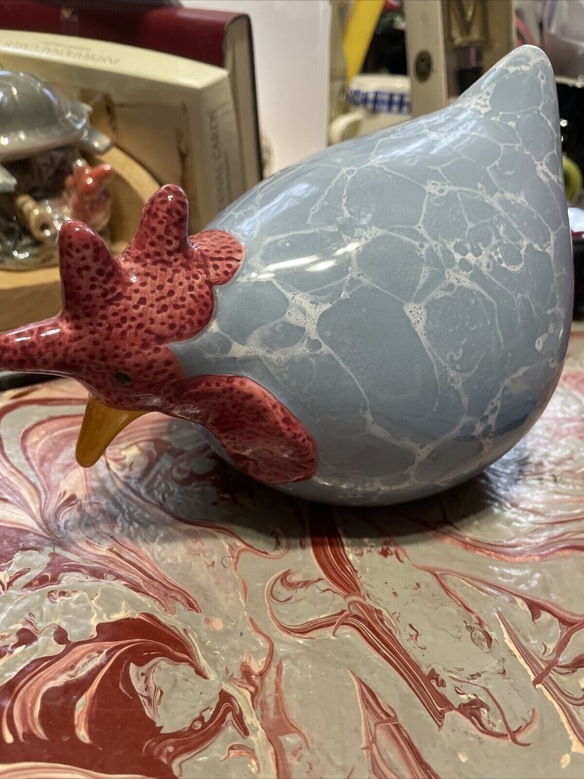 CBK Ltd Ceramic Light Blue And Red Marbled Rooster Chicken Hen Figurine Vintage