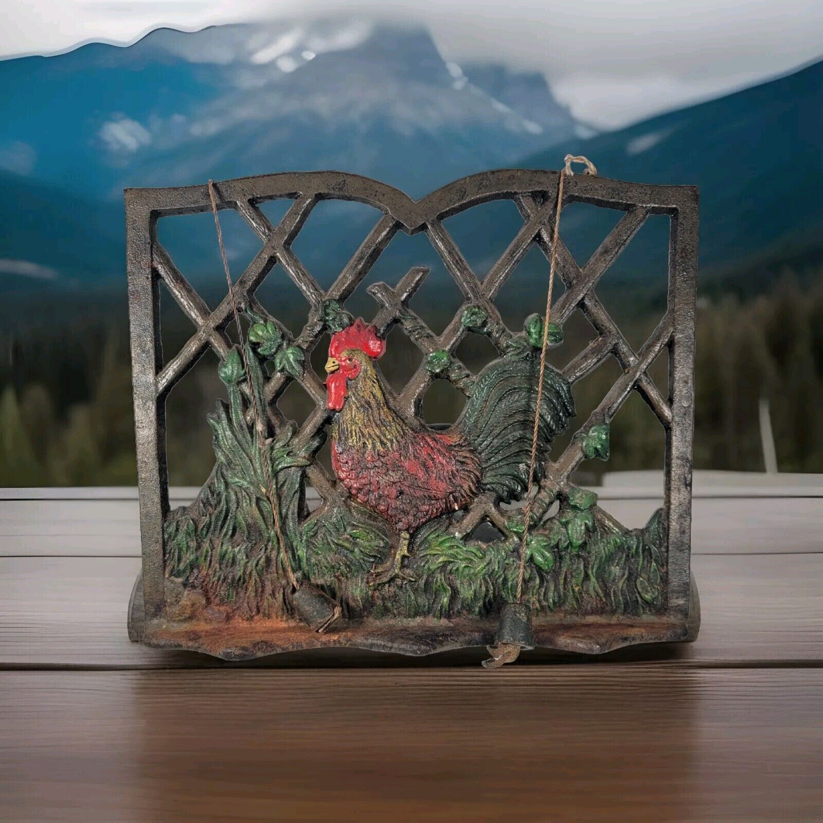 Vtg Heavy Cast Iron Country Rooster Cook Book Holder, Oxidized, Rustic, 10\