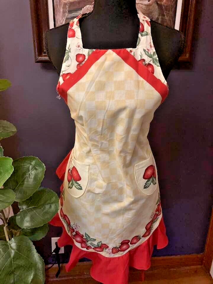 Vintage Hand MADE full apron strawberries and ruffles RARE ITEM