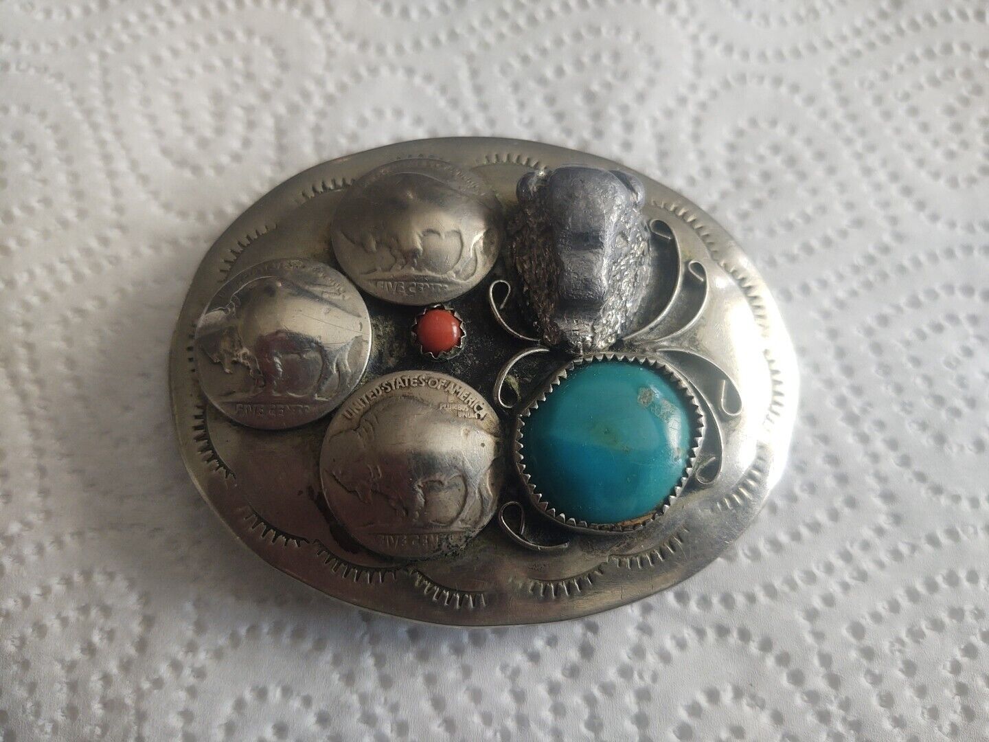 Handmade Vintage Buffalo Nickel  W/ Turquoise And Coral Men's Belt Buckle