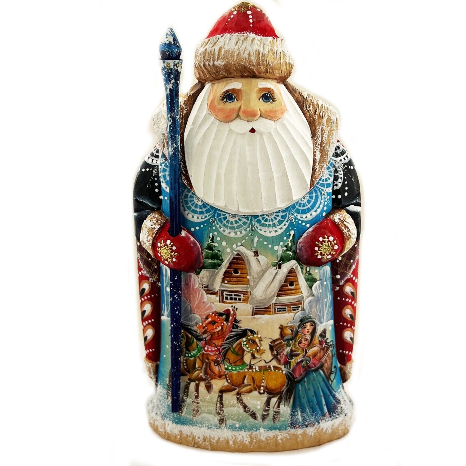 Wooden Hand Carved Painted Russian Santa Claus Figurine Troyka Three Horses