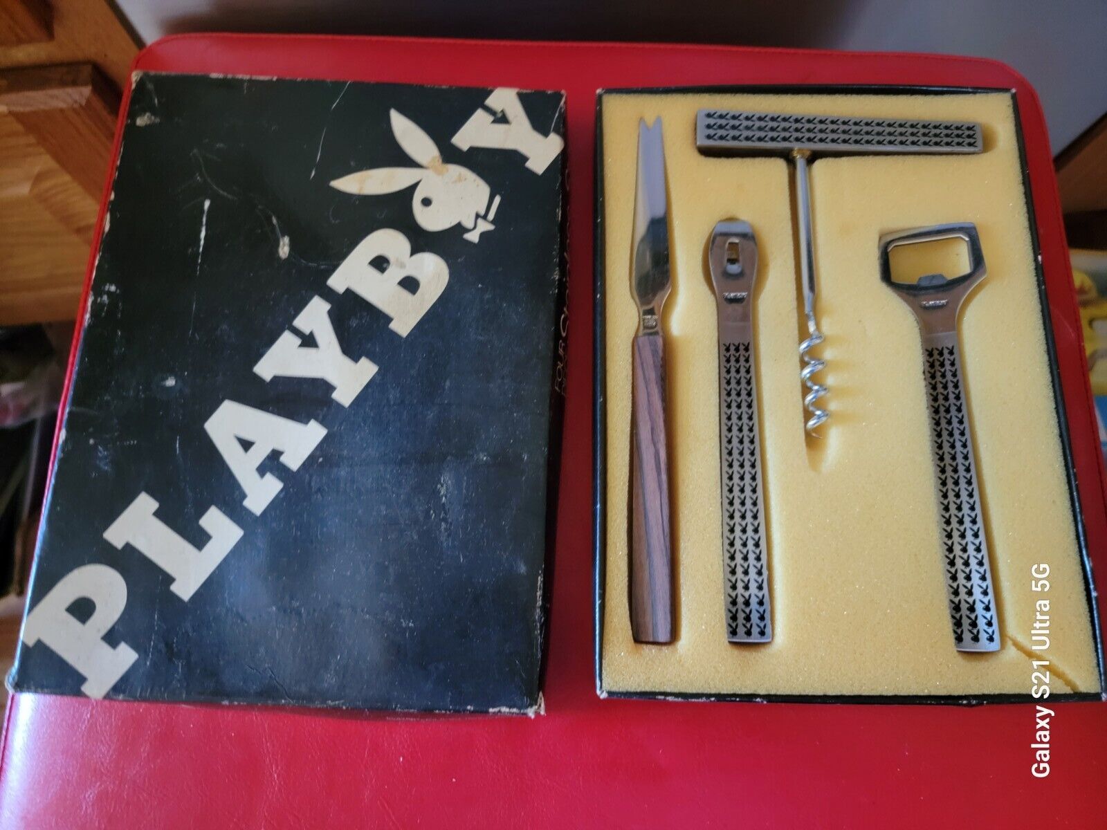 Vintage Playboy Bunny Bar 4 Piece Set Tools Corkscrew Opener Teak Stainless