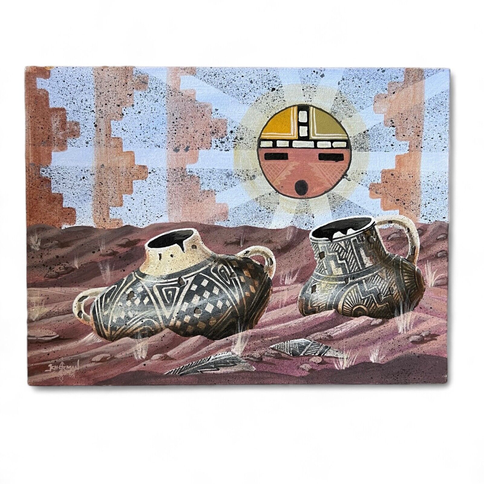 Navajo Hopi Jerald Sherman Native American Sun Mountain Painting Signed 16”x12”