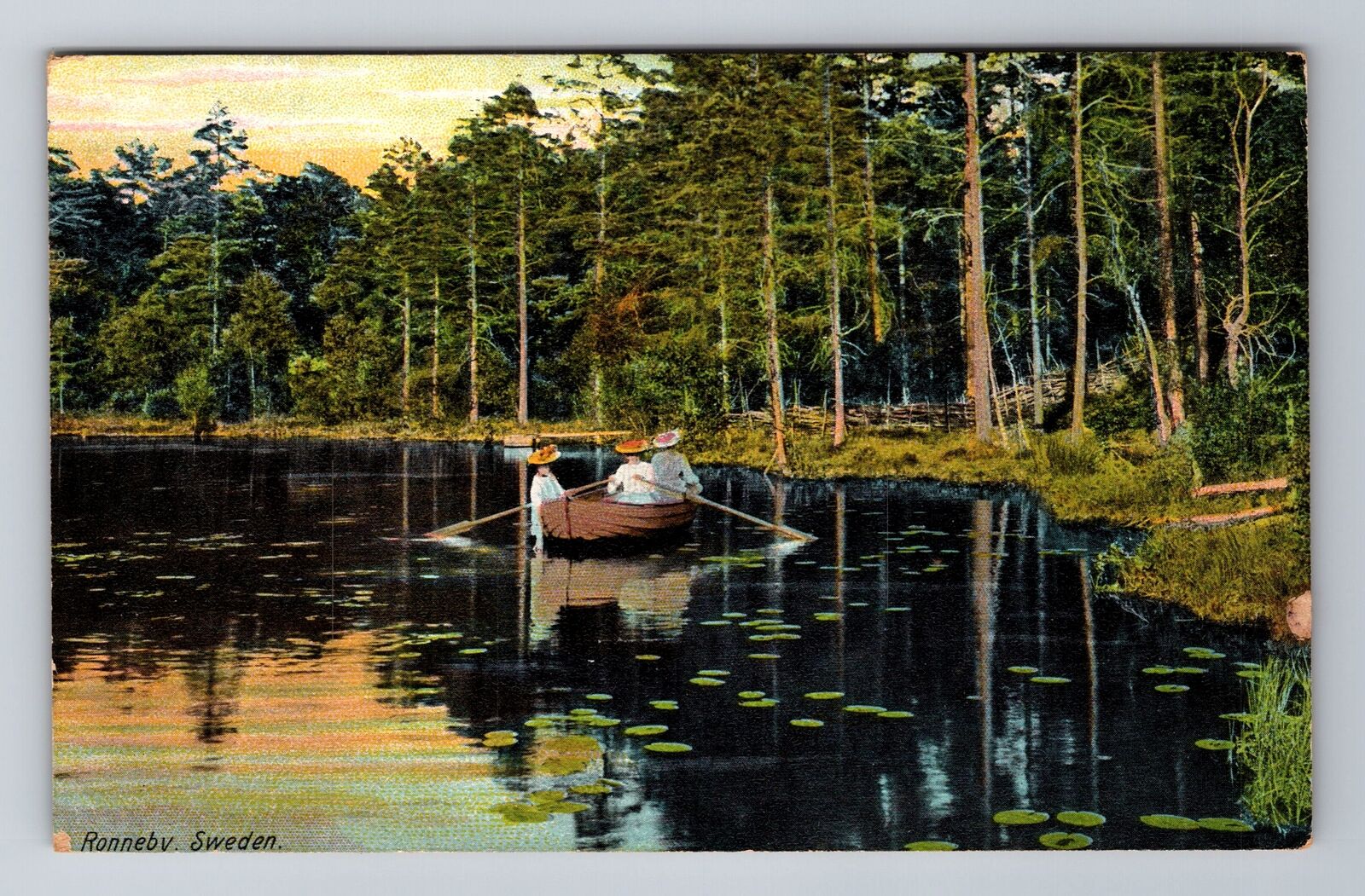 Ronneby-Sweden, Boating on a Lake, Antique Vintage Souvenir Postcard