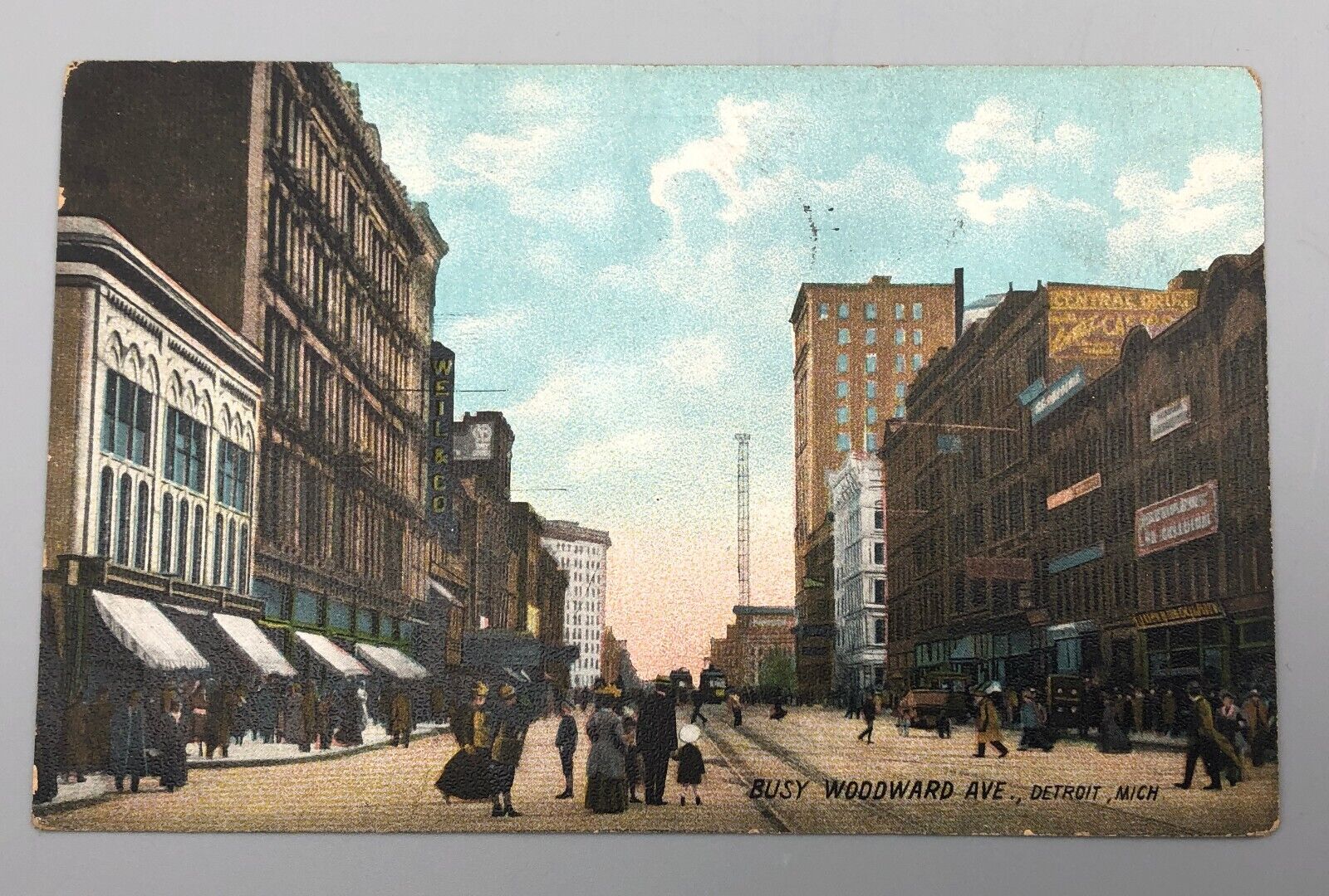 Antique 1909 Souvenir Postcard Busy Woodward Ave Detroit Michigan Business