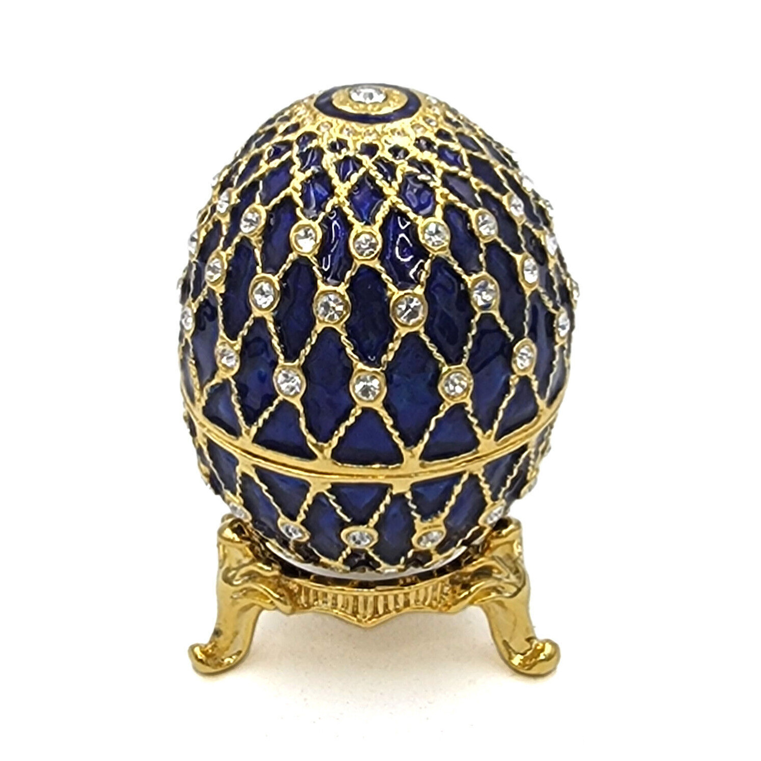 Vtg Blue Russian Style Collector Egg Trinket Box Crystals Golden Mesh Fabergé