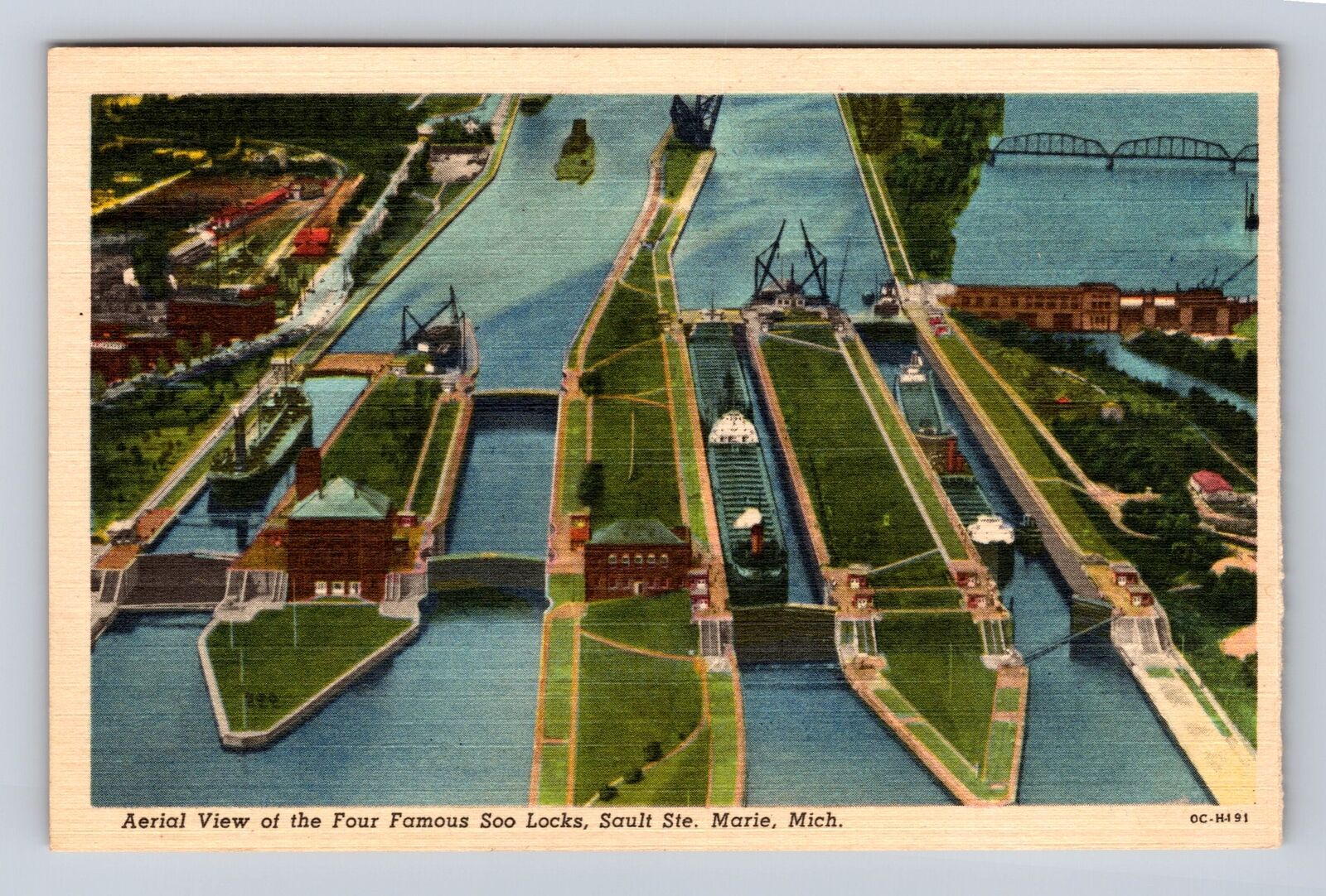 Sault Ste Marie MI-Michigan, Aerial Four Famous Soo Locks, Vintage Postcard