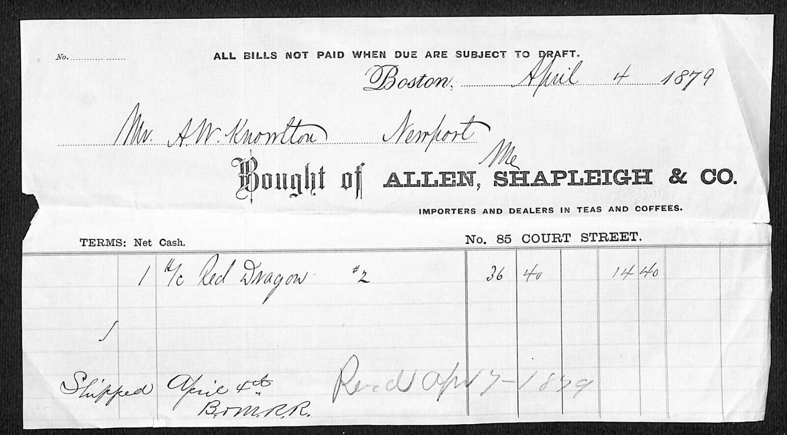 1879 A.W. Knowlton* Newburgh, ME Allen, Shapleigh & Co. Boston Coffees Billhead
