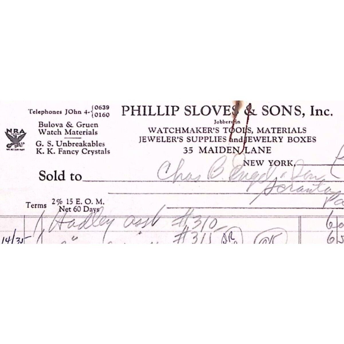 1935 NEW YORK PHILLIP SLOVES & SONS WATCHMAKER\'S TOOLS BILLHEAD INVOICE  Z174