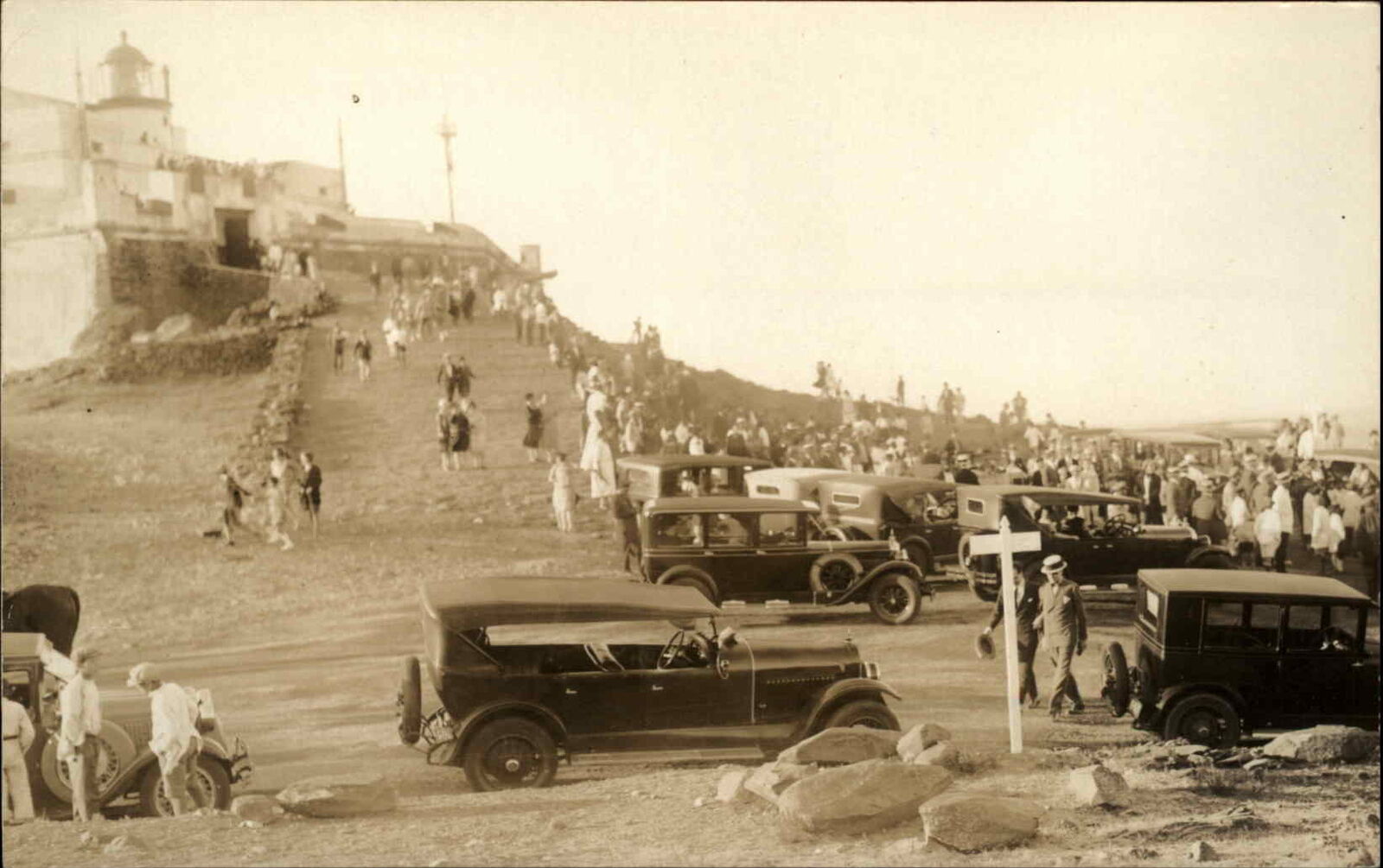 Montevideo Uruguay Lighthouse Cars & People c1920s Real Photo Postcard