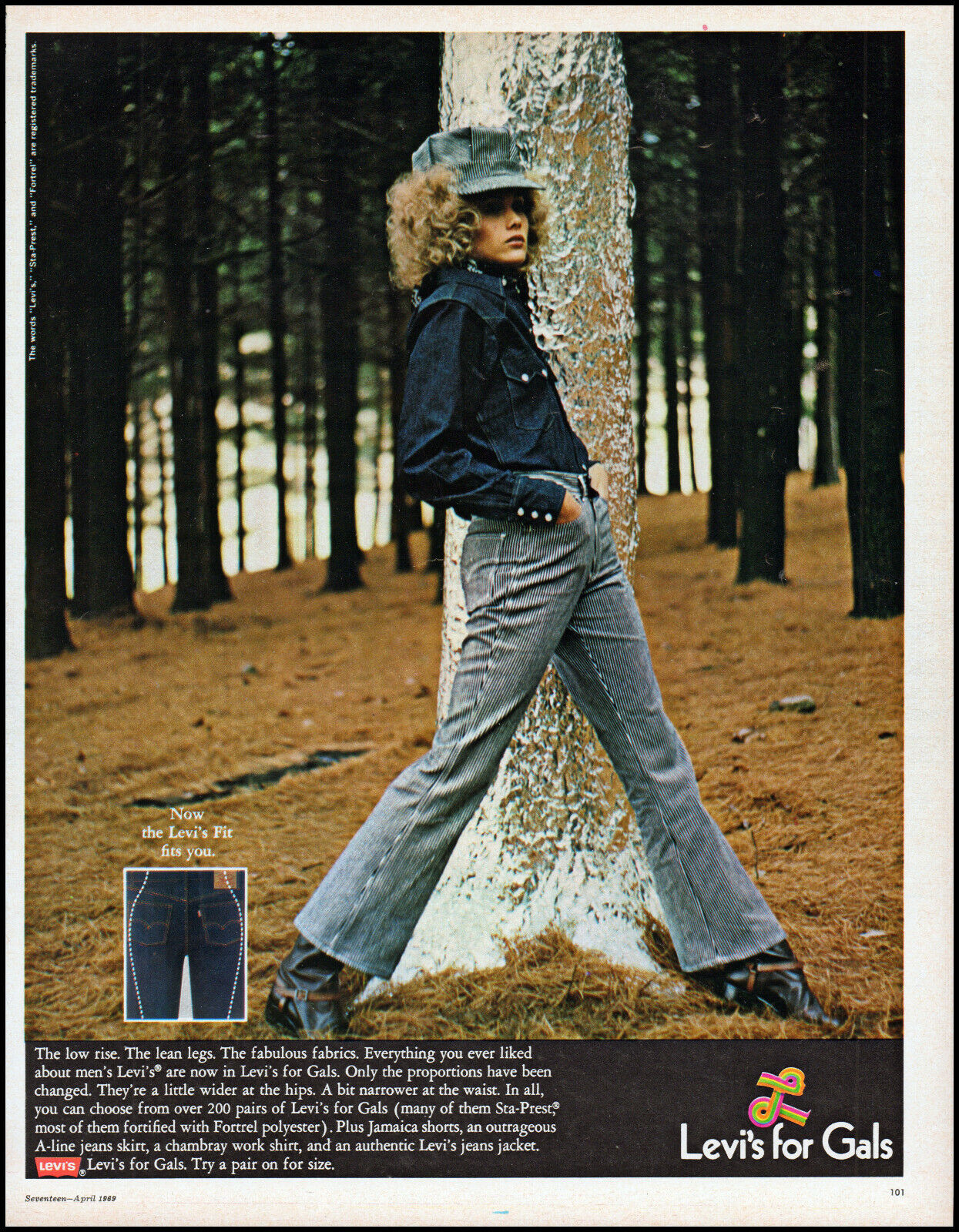 1969 Levi\'s for Gals jeans pretty Teen girl in Forest retro photo print ad L6