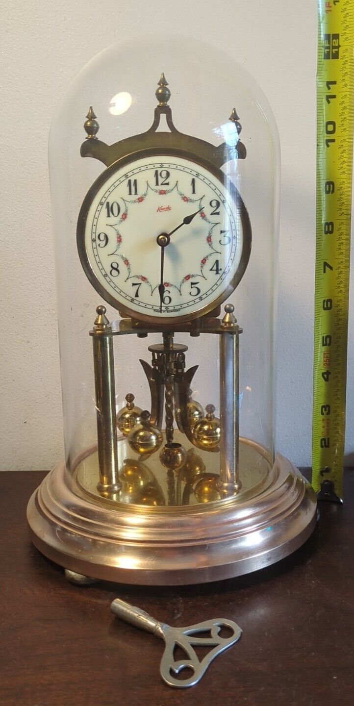 1951 Vintage Working Kundo Germany Brass Anniversary Clock with Glass Dome key 