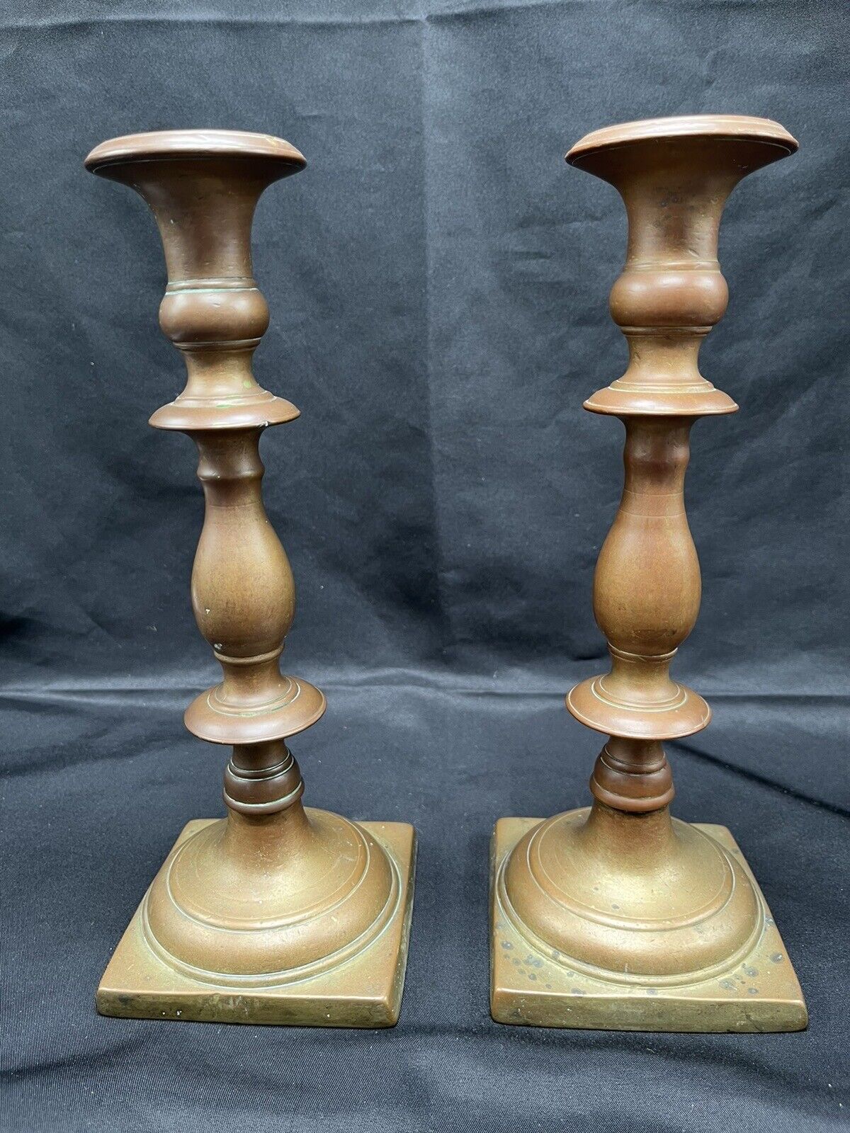 19th Century Pair of Antique Bronze 9.5” Tall Candlestick Holders