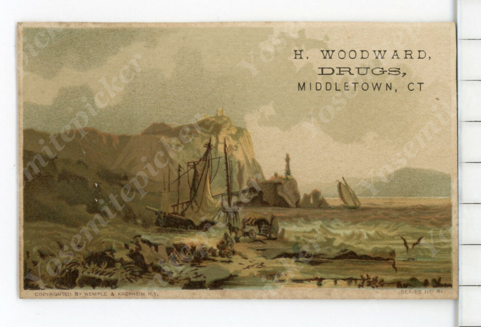 wd3 Trade Card 1890\'s H Woodward Drugs Middletown CT Sail Boat 544a