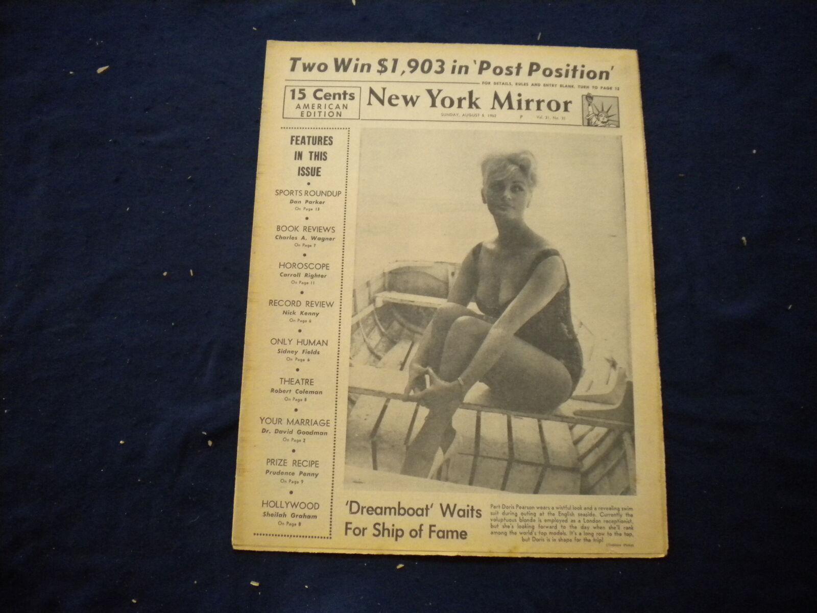 1962 AUGUST 5 NEW YORK MIRROR NEWSPAPER - DORIS PEARSON COVER PHOTO - NP 6003