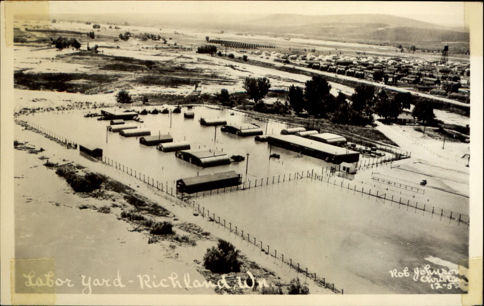 RPPC Richland Washington Labor Yard aerial~ 1948 flood~ vintage photo postcard