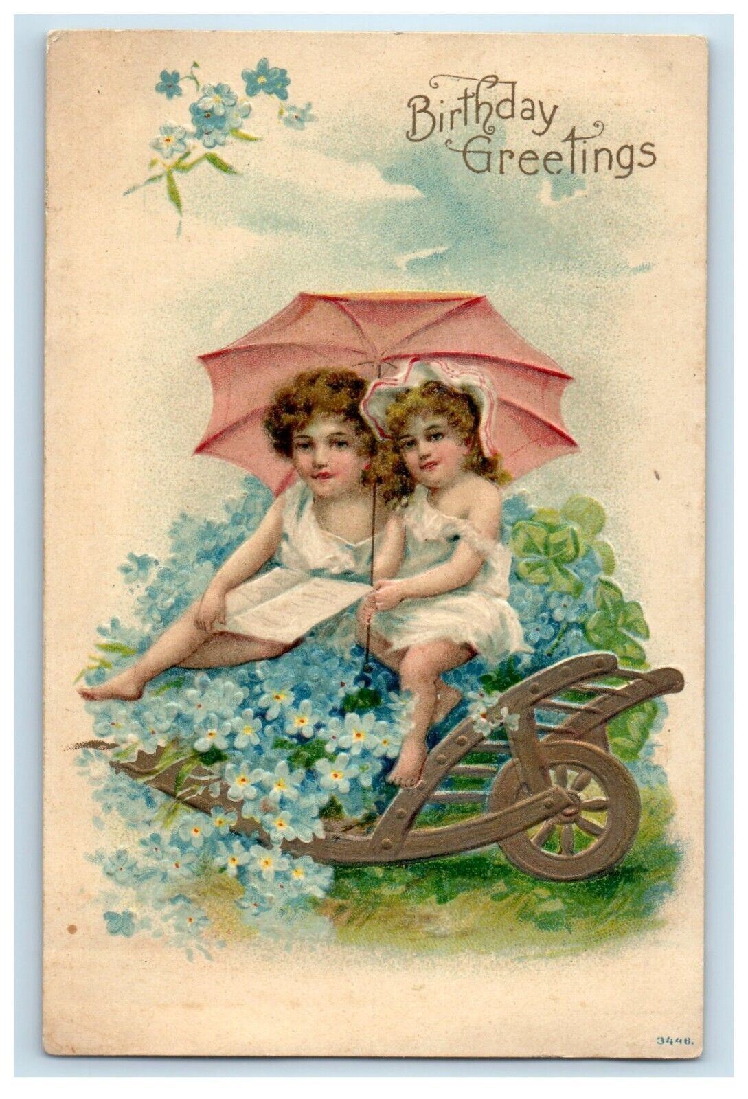 c1910\'s Birthday Greetings Two Girls Umbrella Cart Flowers Embossed Postcard