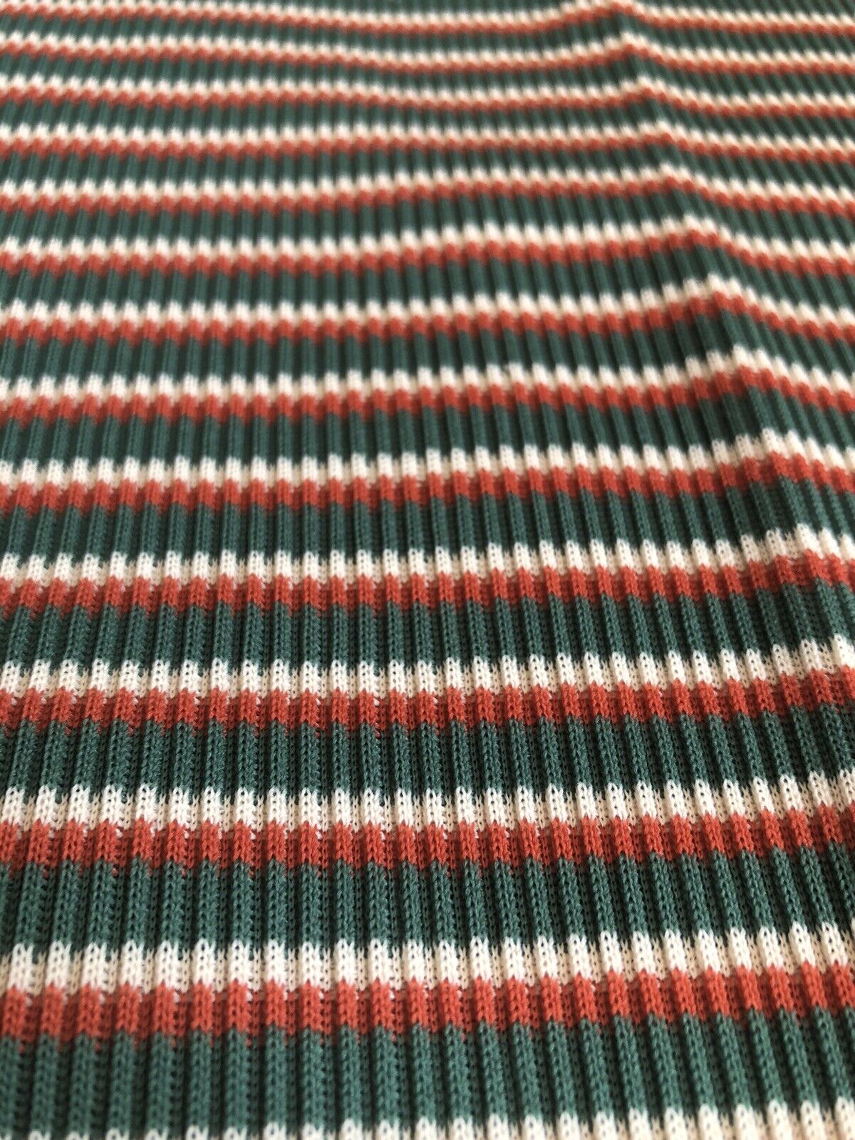 Vintage Ribbed Knit Polyester Fabric Striped Red Green Approx 81”x57” Unused