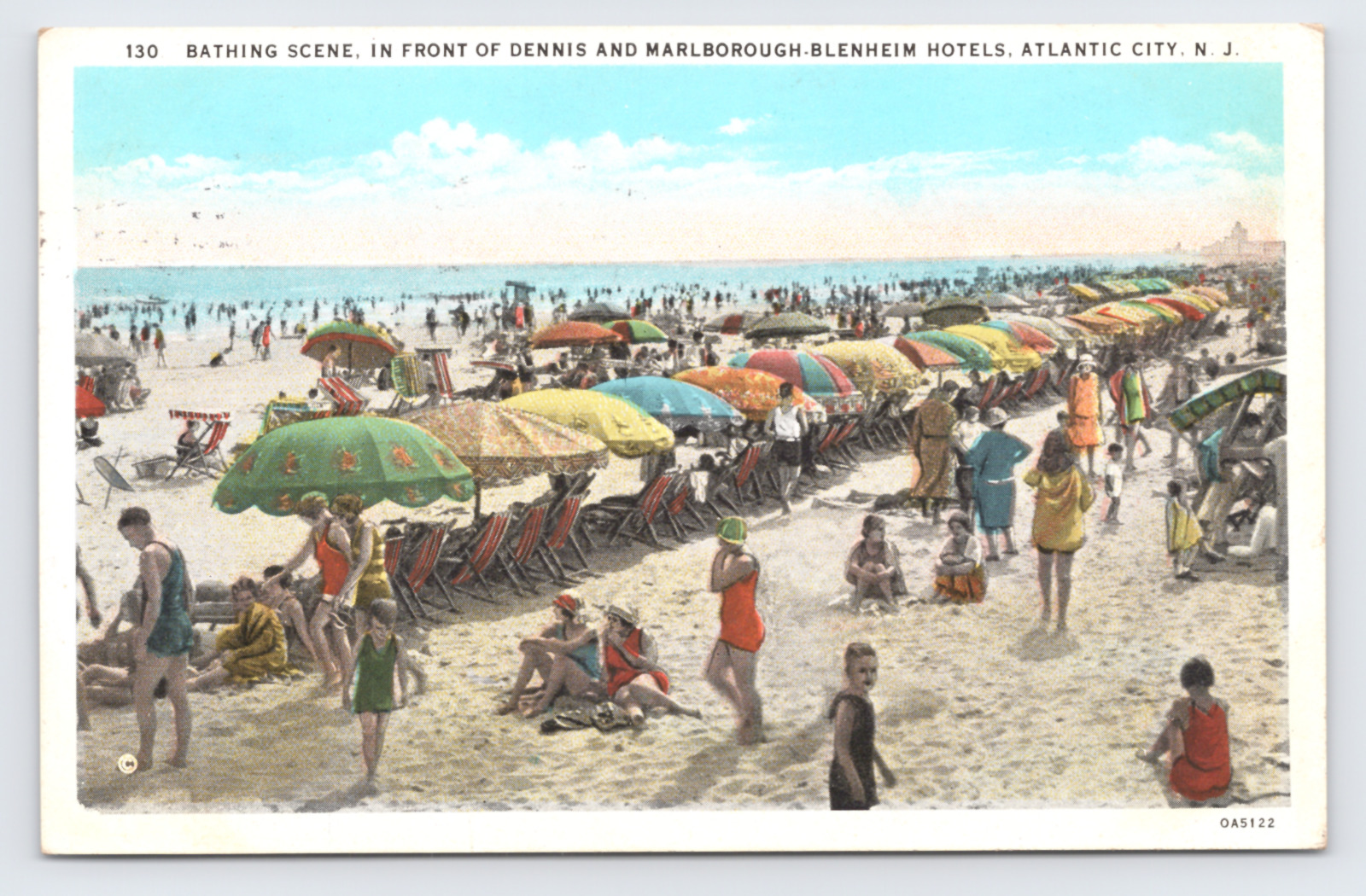 Crowded Beach Scene Colorful Umbrellas Atlantic City NJ Boardwalk c1931 Postcard