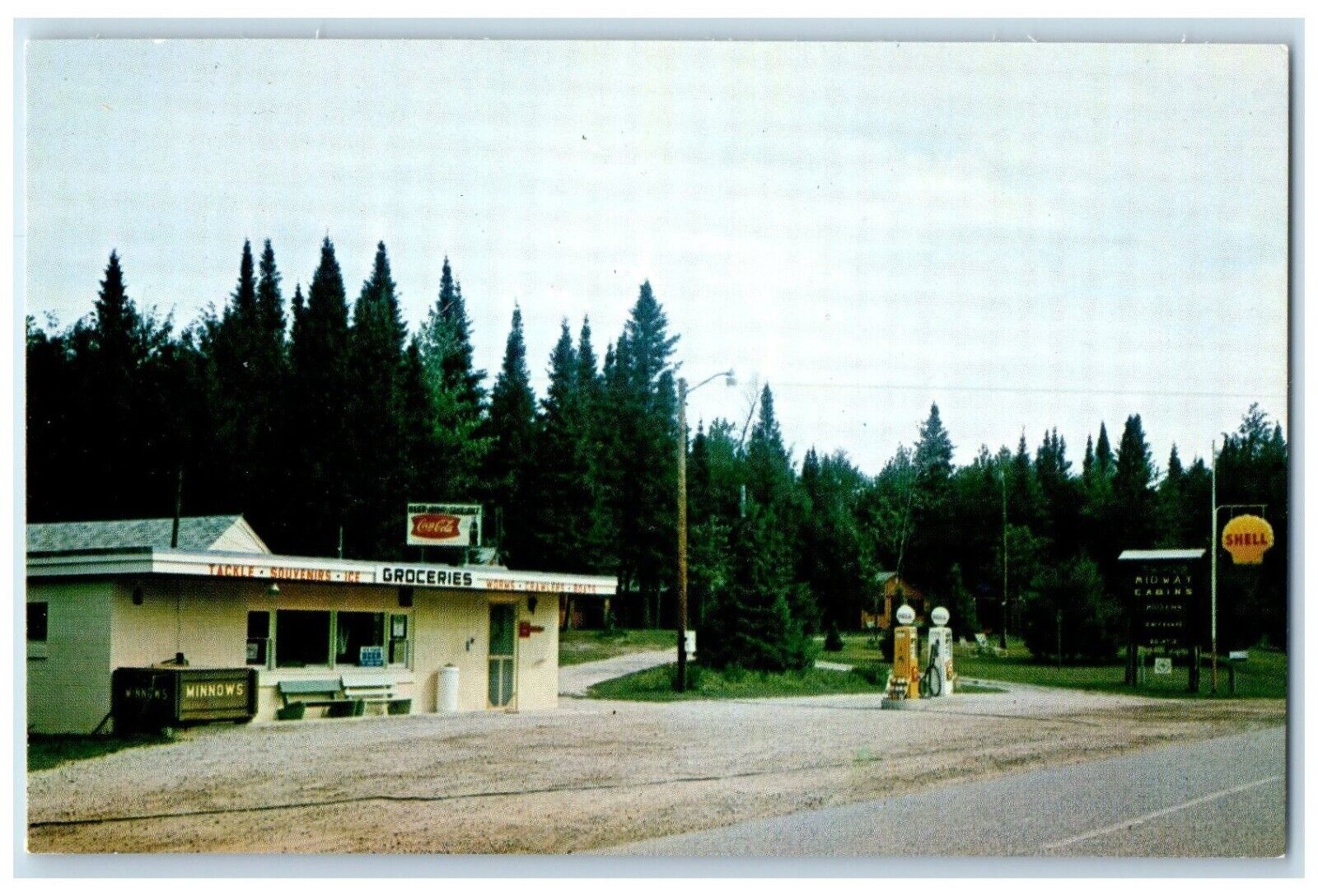 c1950's Midway Cabins & Service Wetmore Michigan MI Shell Gas Station Postcard