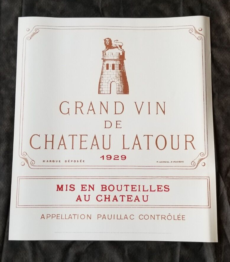 Vintage Chateau Latour Promotional Wine Poster Shaped as 1929 Bottle Label