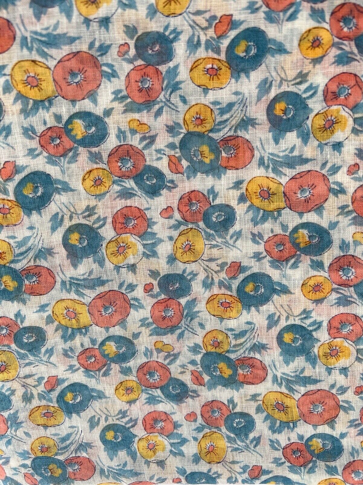 Vintage 1920s 1930s Sheer Organdy Floral Print Yellow Coral Blue 4 Yds Antique