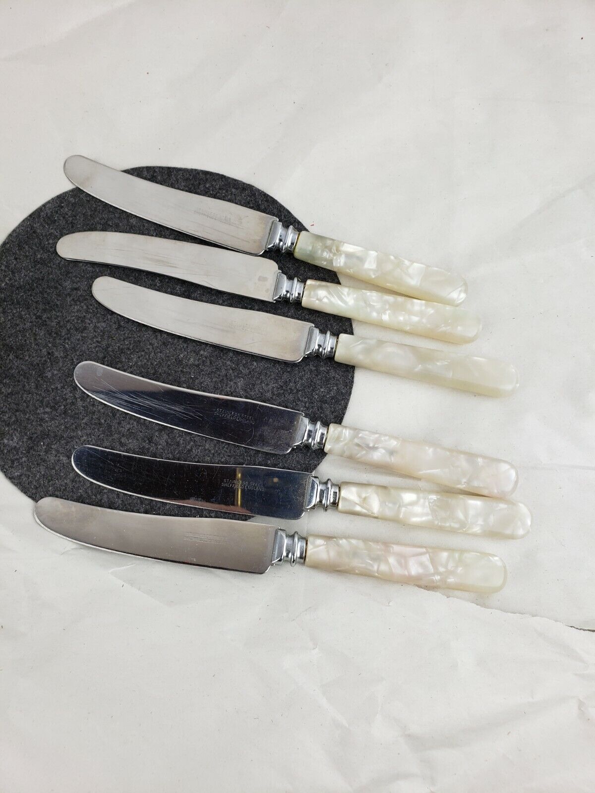 Set of Six Small Sheffield Stainless Steel Knives Faux MOP Mother of Pearl Handl