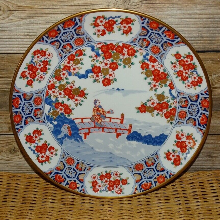 Vintage Japan Imari Transferware Porcelain Plate 9” Mint Floral Landscape