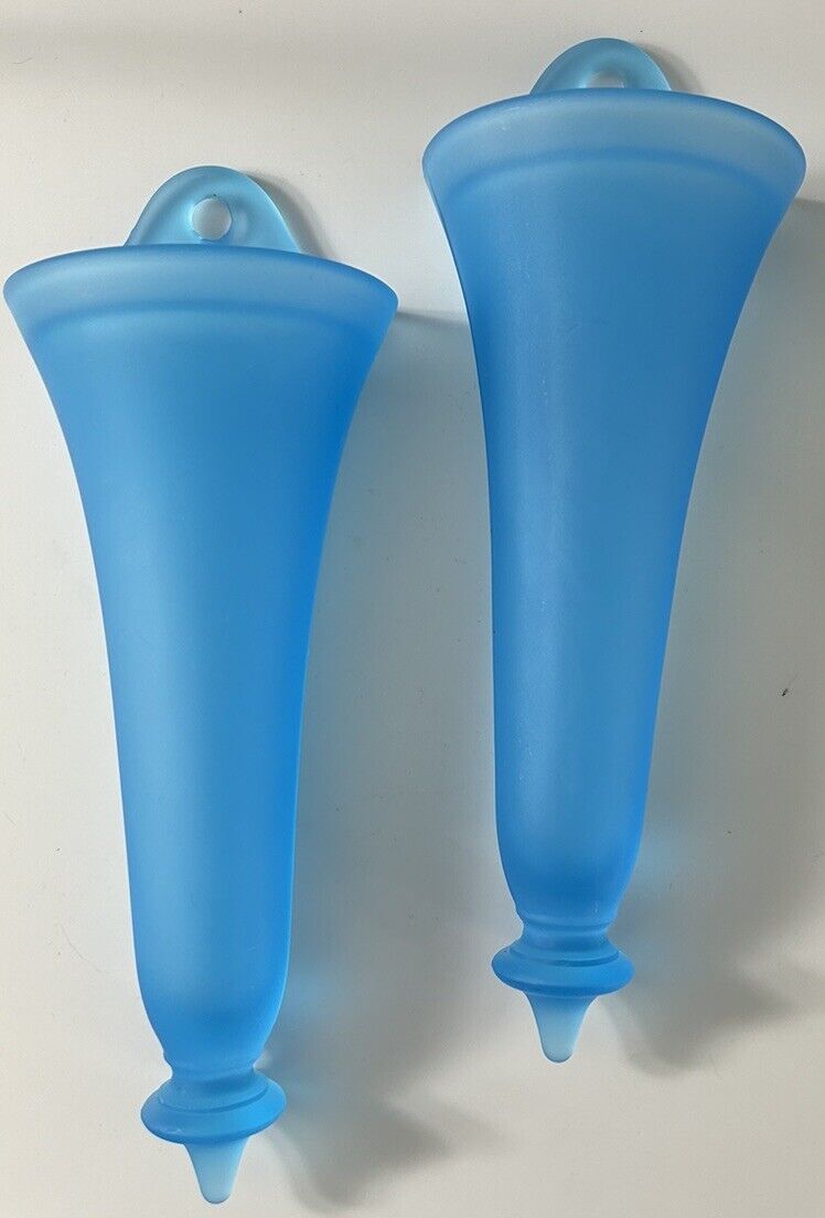 Pair Tiffin Blue Satin Glass Wall Pockets Wall Vase 9\