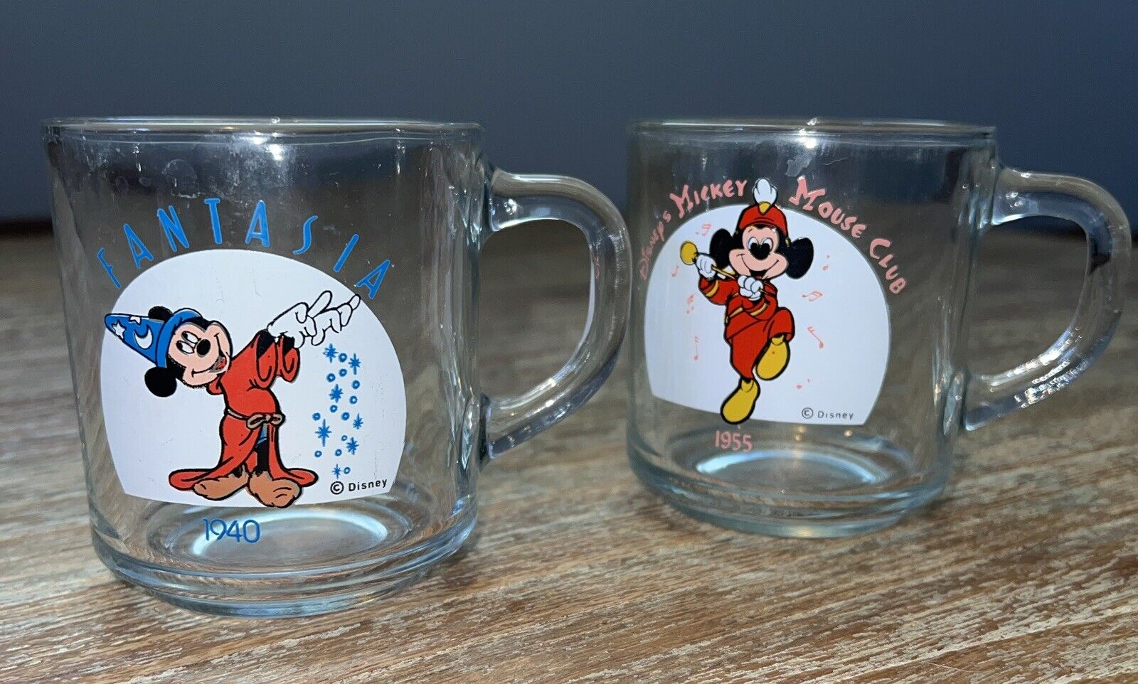 TWO VINTAGE Disney Fantasia 1940 & Mickey Mouse Club 1955 8oz Glasses Mugs Cups