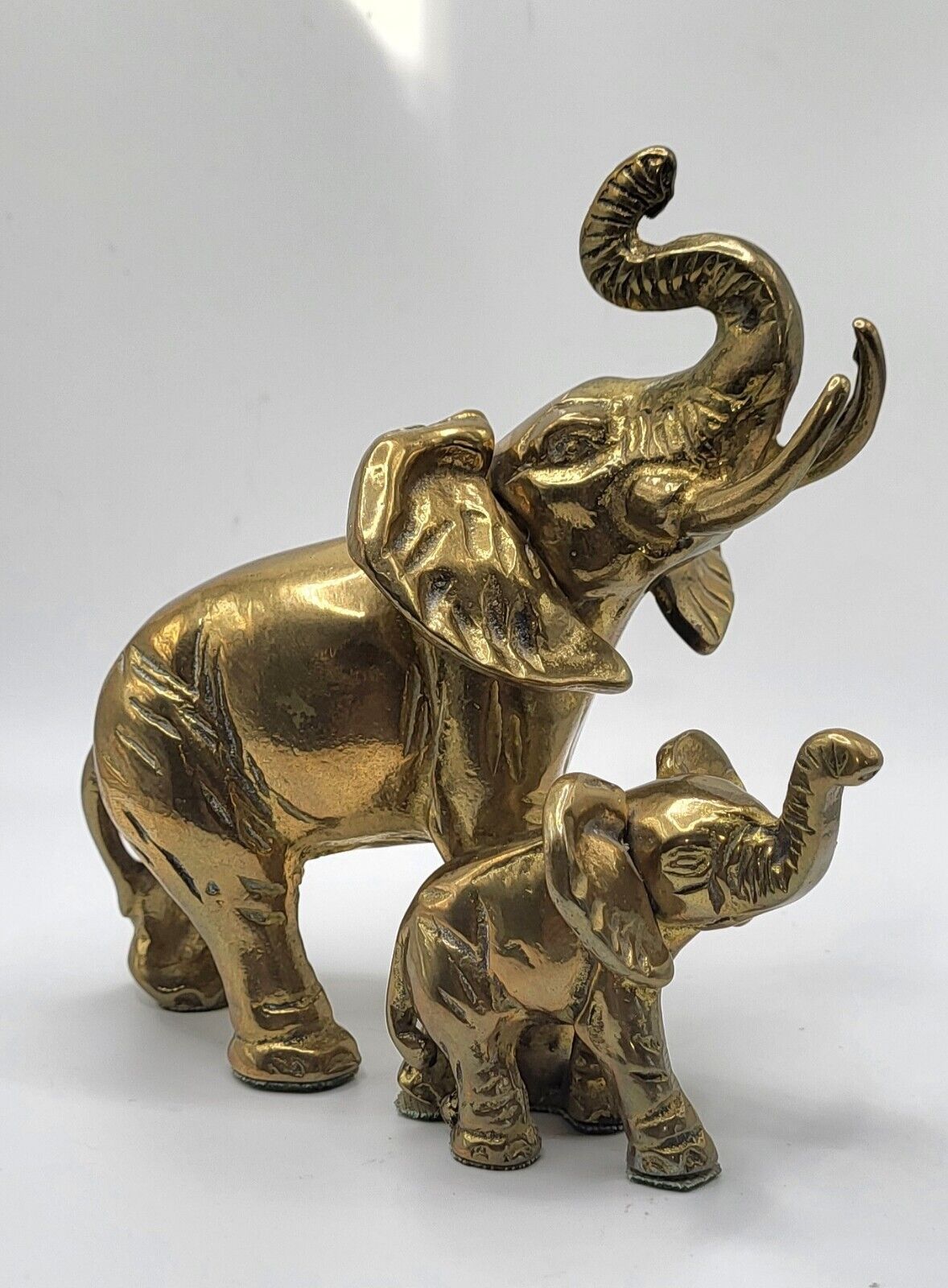 Vintage Solid Brass Elephants Mother and Baby Figurine Heavy Animal Trunk Up