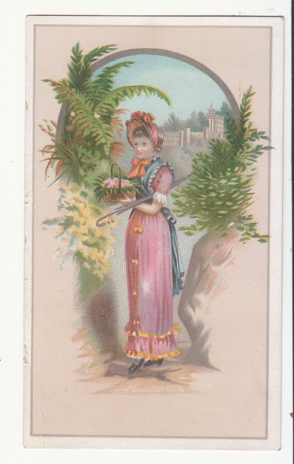 Woman in Pink Dress on Lane Cane No Advertising Victorian Card c 1880s