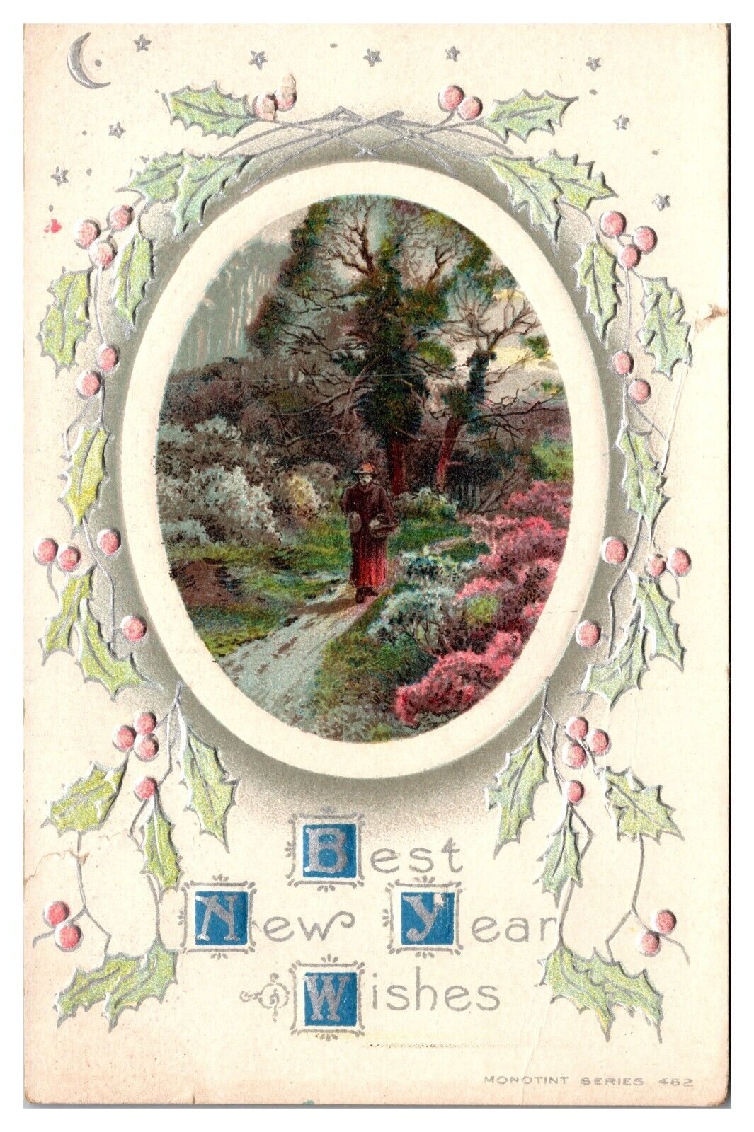 1912 Best New Year Wishes, Holly, Country Scene, Embossed, Greetings Postcard