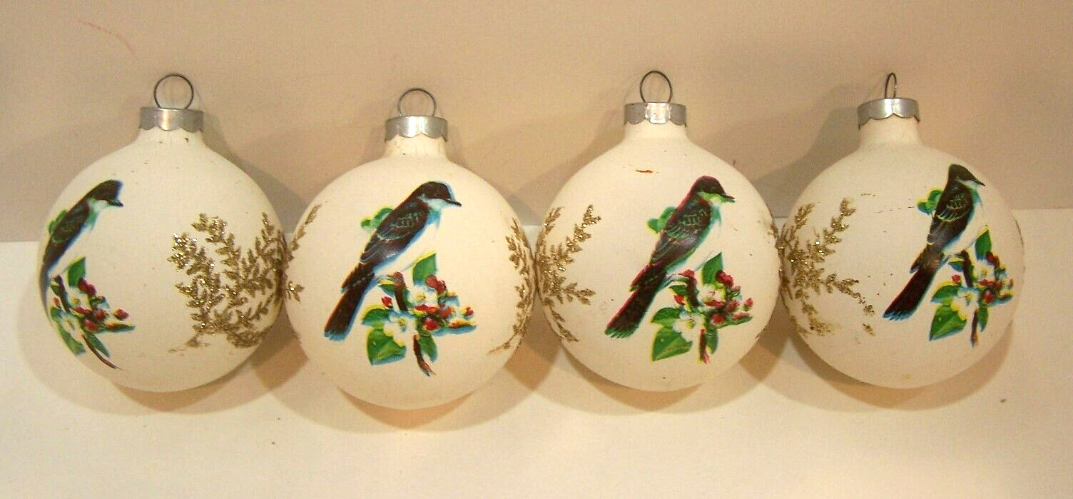 Lot of 4 Vintage Rauch Glass Ornaments Robin in Cherry Tree Gold Glitter Branch