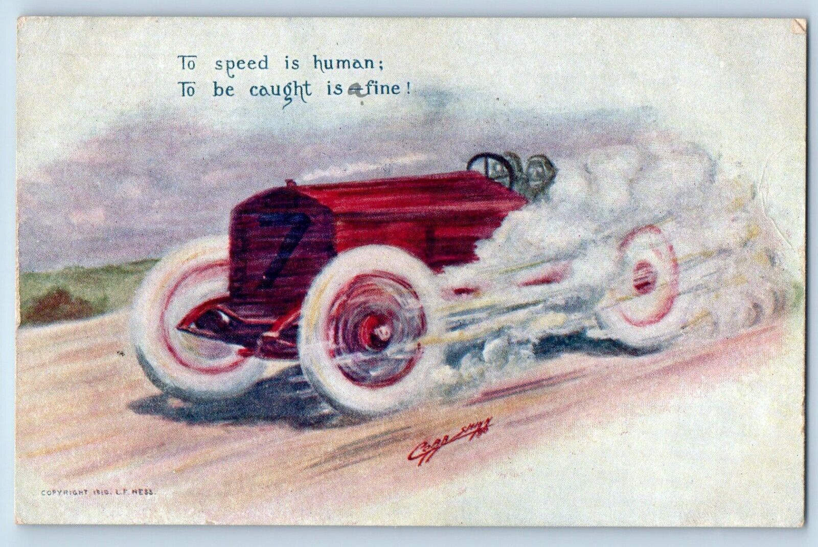 Cobb Shinn Signed Artist Postcard Race Car To Speed Is Human Portland OR 1910