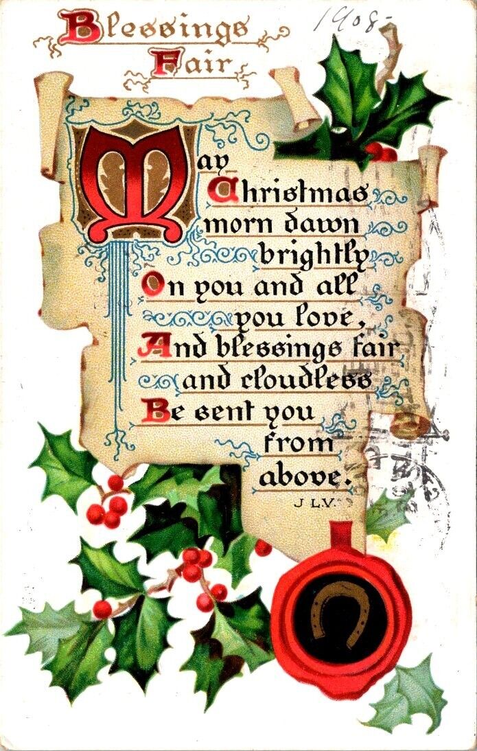 vintage postcard - TUCKS, Christmas poem with holly posted 1907