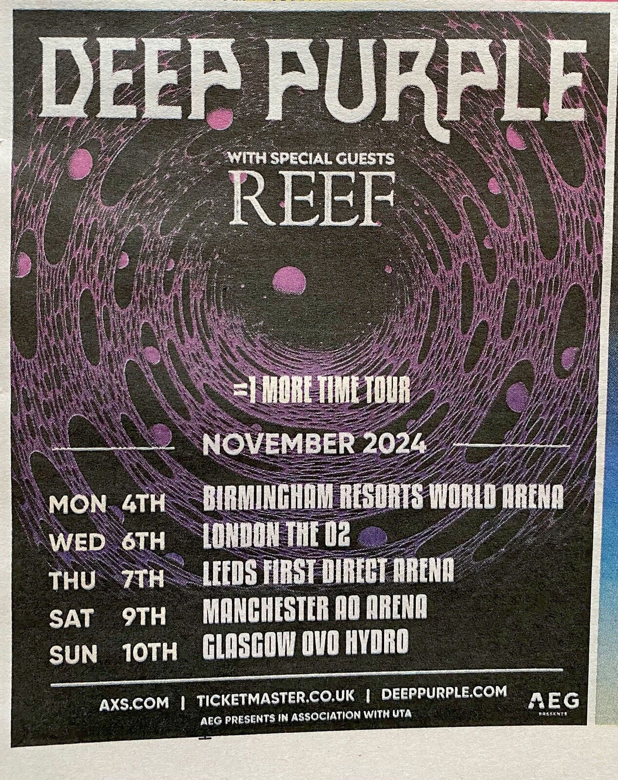 Deep Purple Tour Dates Ad 2024 Reef One More Time Newspaper Advert Clipping 7x5”